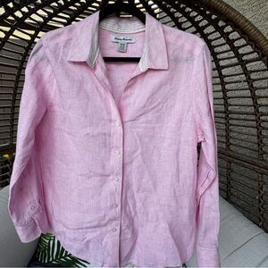 Tommy Bahama Pink Linen Collared Blouse Tan Striped Accents on Collar/Cuffs, Med